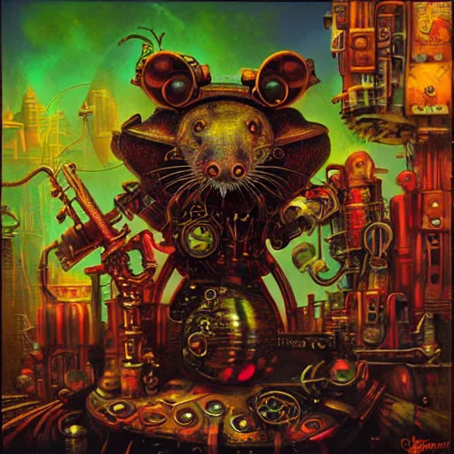 Image similar to steampunk rat, acid, 303, psychedelic, by paul lehr, cd cover for techno artist