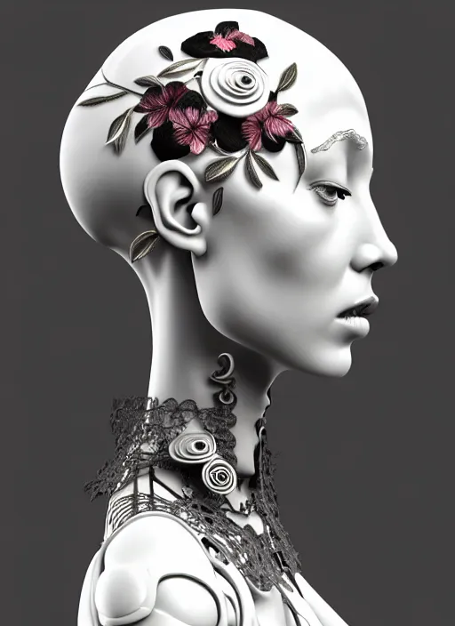 Image similar to monochrome 3 d model, biomechanical young female cyborg with porcelain profile face and a big floral eye, volumetric light, big leaves foliage and stems, hibiscus flowers, boho floral vines, sinuous fine roots, fine foliage lace, alexander mcqueen, rim light, art nouveau fashion pearl embroidered collar, steampunk, redshift render, 8 k