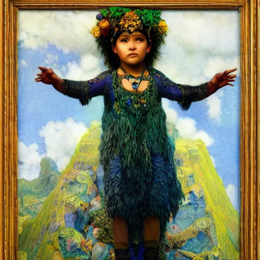 Image similar to portrait of the child of the lost city of the clouds in full regalia, by Annie Swynnerton and Diego Rivera and Tino Rodriguez and Maxfield Parrish, elaborately costumed, rich color, dramatic cinematic lighting, extremely detailed