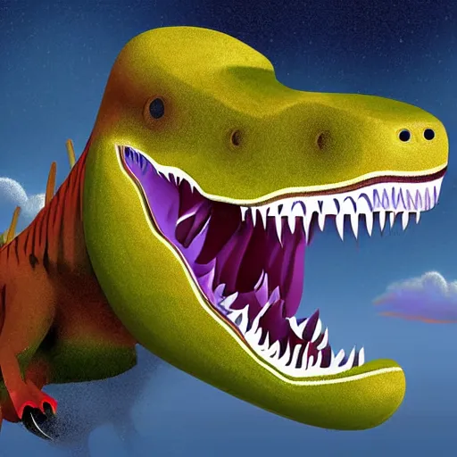 Prompt: a detailed digital art painting of a trex smiling fighter jet plane flying in the air