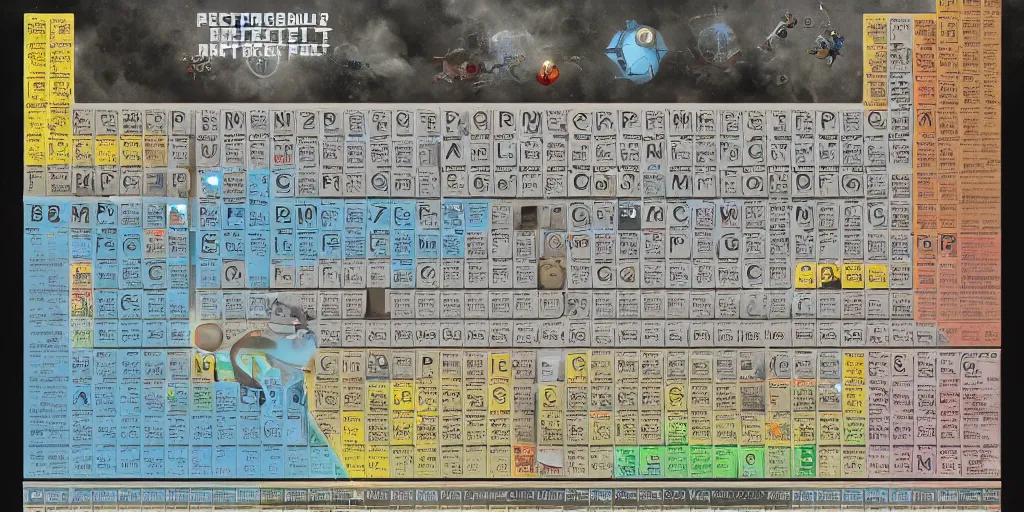 Image similar to Poster of a crazy periodic table from a different universe in the style of portal2, digital art, astonishing great details, award winning, high res