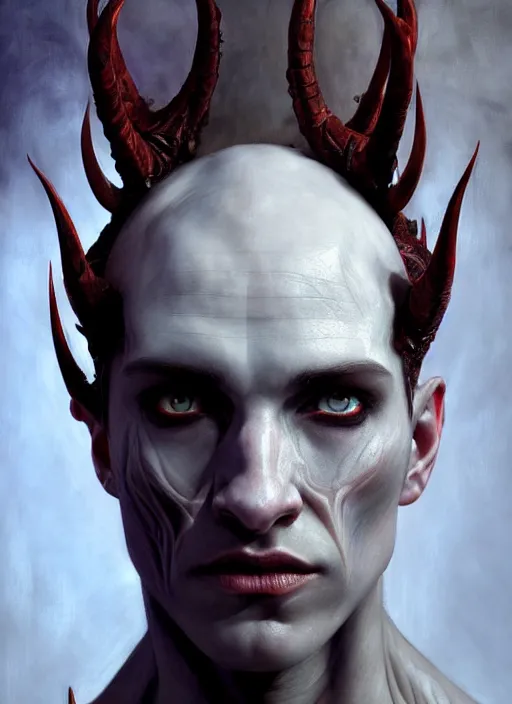 Prompt: half demon half human man intricate skin pattern texture, elegant, peaceful, full body, white horns, hyper realistic, extremely detailed, dnd character art portrait, dark fantasy art, intricate fantasy painting, dramatic lighting, vivid colors, deviant art, artstation, by edgar maxence and caravaggio and michael whelan and delacroix.