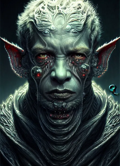 Image similar to realistic portrait of beautifully crystalized and detailed portrait of a goblin, matte painting of cinematic movie scene red dragon, horror, created by gustave dore and greg rutkowski, high detailed, smooth draw, synthwave neon retro, intricate, realistic proportions, dramatic lighting, trending on artstation.