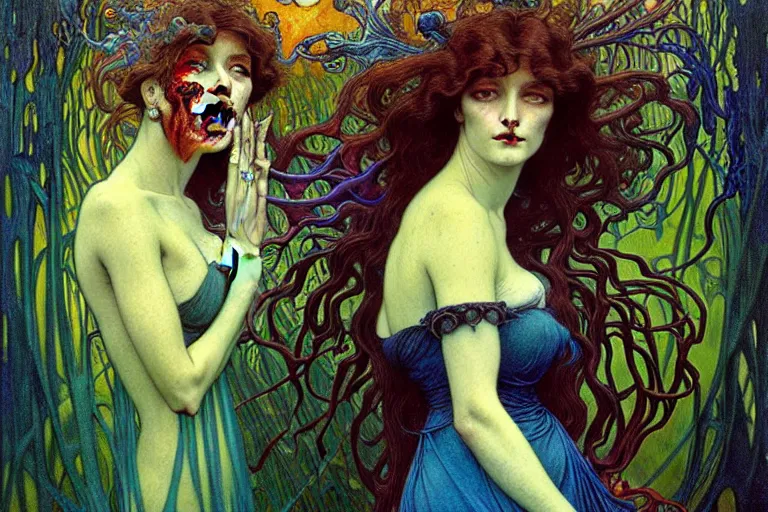 Image similar to realistic detailed portrait painting of a beautiful woman with a zombie, nightly graveyard landscape background by Jean Delville, Amano, Yves Tanguy, Alphonse Mucha, Ernst Haeckel, Edward Robert Hughes, Roger Dean, rich moody colours, blue eyes