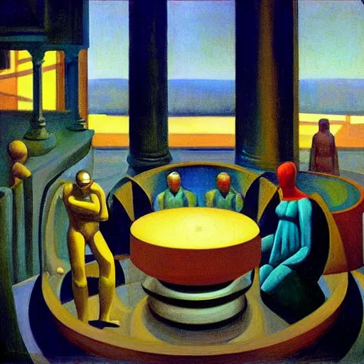 Prompt: three holy robotic seers watchers oracles soothsayers inside a dome, pj crook, grant wood, edward hopper, syd mead, oil on canvas