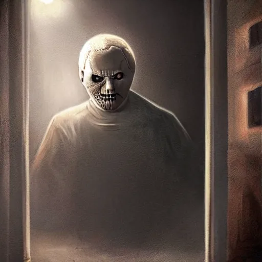 Image similar to michael meyers in a dark alley, artstation hall of fame gallery, editors choice, #1 digital painting of all time, most beautiful image ever created, emotionally evocative, greatest art ever made, lifetime achievement magnum opus masterpiece, the most amazing breathtaking image with the deepest message ever painted, a thing of beauty beyond imagination or words