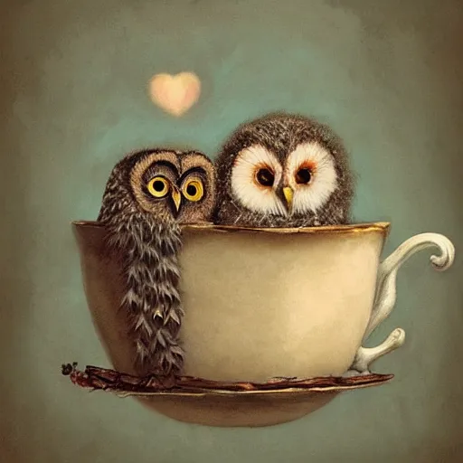 Prompt: long shot of a very cute owl chick nesting in a very romantique cup, by esao andrews, by james jean, humorous illustration, hyperrealistic, big depth of field, warm colors, night scenery, low light, 3 d octane render, 4 k, conceptart, hyperdetailed, hyperrealistic, trending on artstation