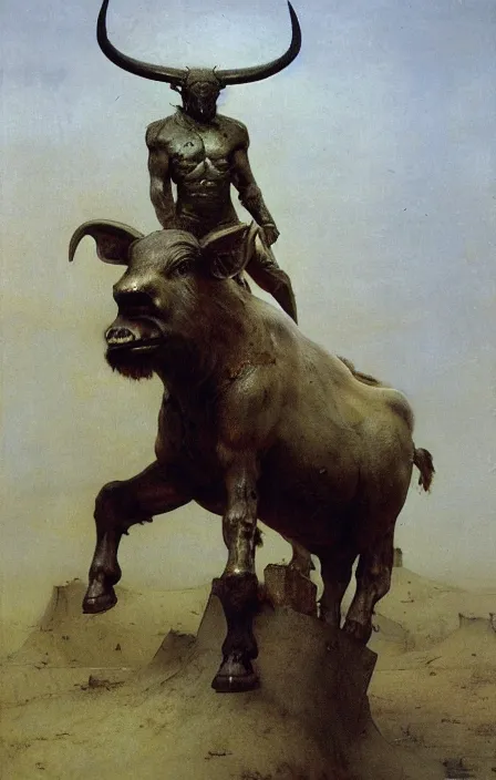 Image similar to minotaur in ancient armor, beksinski, ruan jia,