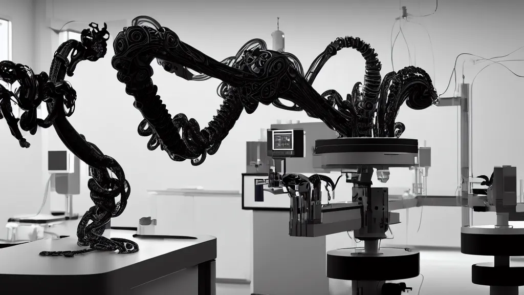 Image similar to a complex bifurcated robotic cnc surgical arm hybrid mri 3 d printer machine making swirling black and white ceramic mandlebulb mutant forms in the laboratory inspection room, film still from the movie directed by denis villeneuve with art direction by salvador dali, wide lens, f 3 2, cinematic lighting, studio quality, smooth render, unreal engine 5 rendered, octane rendered