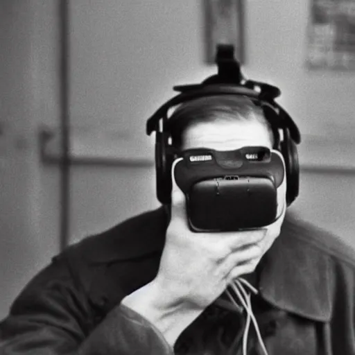 Prompt: old photograph of a russian researcher with a soviet virtual reality headset, russia, 1 9 7 6, ussr, hyper detailed