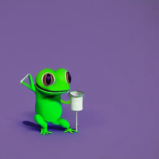 Image similar to isometric minimalistic backroom with pepe the frog and trashcans, cinema 4 d, 1 0 0 0 mm, purple and green scheme depth of field, octane render, studio lighting