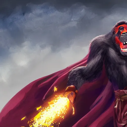 Image similar to fury art, an anthro ape wearing a large cape, exploding background, 3 d, 8 k, extremely detailed, trending on furaffinity, trending on artstation, award winning, sharp focus, illustration