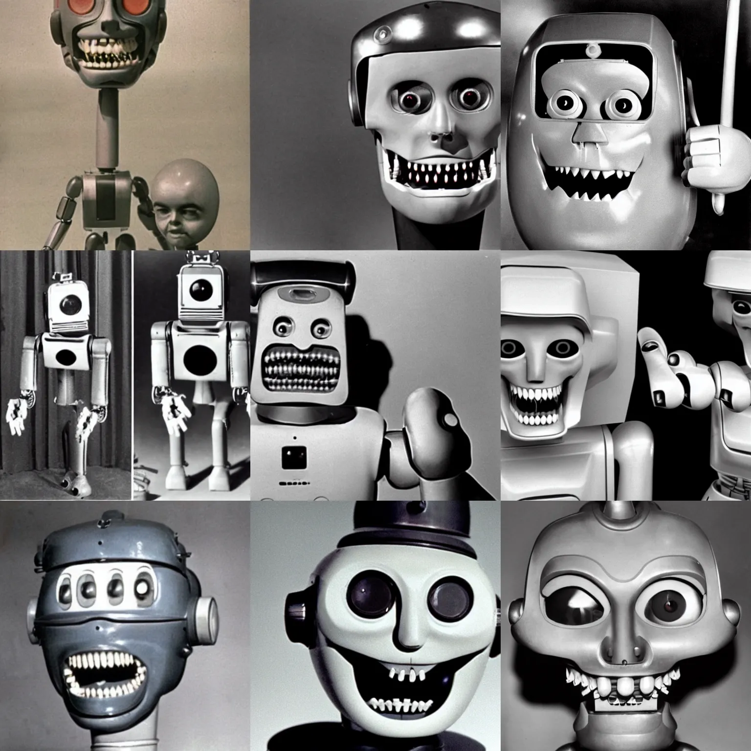 Prompt: a creepy unsettling robot created in 1950. scary teeth, uncanny valley