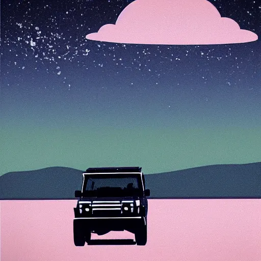 Image similar to land rover discovery driving down a windey road with noctoluminescent clouds in the sky, simplistic style, 1 9 8 0 s poster style