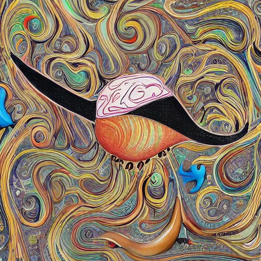 Image similar to a snailbird, a snailbird is a personified snail with a face mixed with a bird, has wings, has snail shell, uhd, painted by james jean