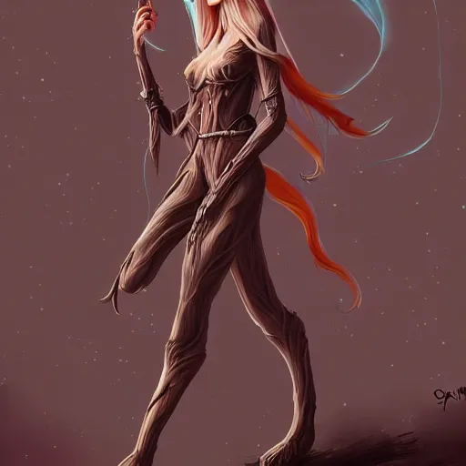 Prompt: female elf, tree person, warhammer aelf dryad, dynamic pose, elongated legs, long fingers, talons, terrifying, dark, fog, artstation