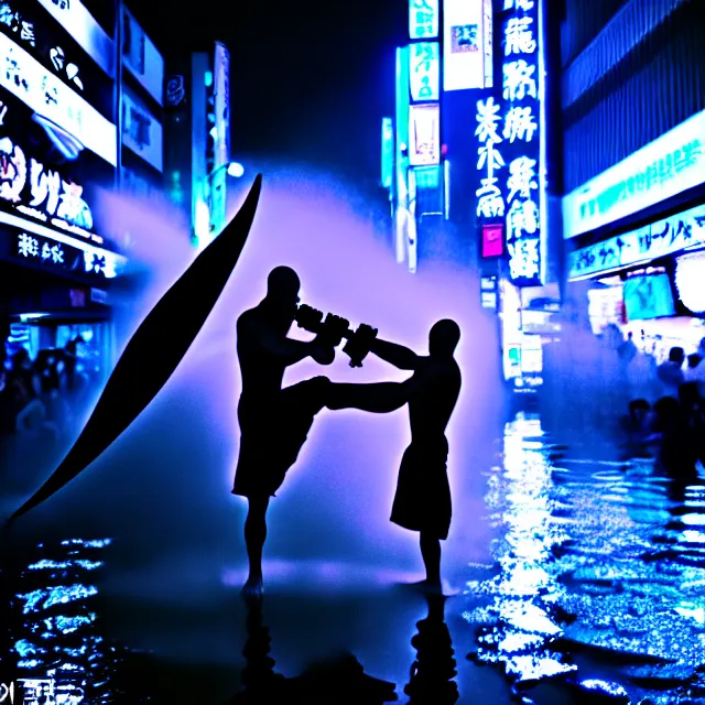 Image similar to cyber monks fight water dance supreme water fist, detailed animal form water, fighting stance energy, shibuya prefecture, cinematic neon uplighting, fog mist smoke, photorealistic, night photography by tomino - sama