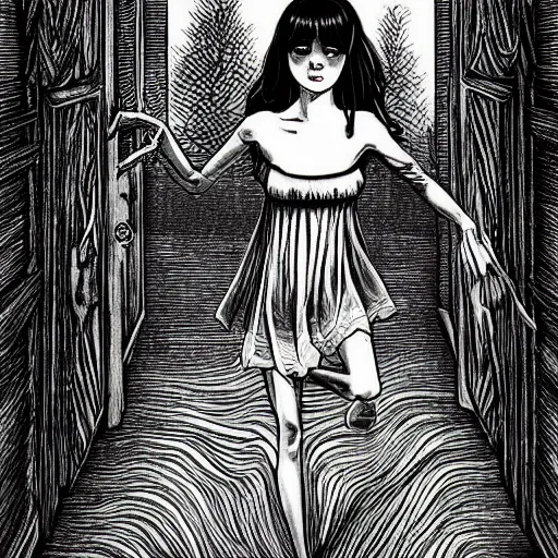 Prompt: Dude! Let Me In! I'm A Fairy!, bedroom, eerie, monster outside, Junji Ito