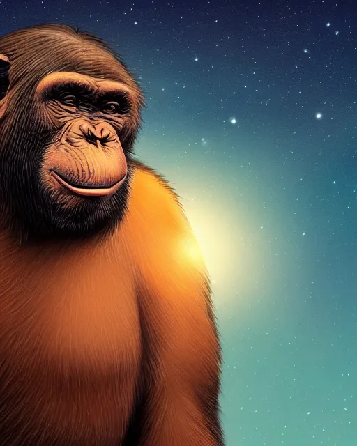 Image similar to very detailed high resolution illustration of a fat chimpanzee, backlit, stars, night, surrounded, 3 d, 8 k, extremely detailed, artstation, award winning