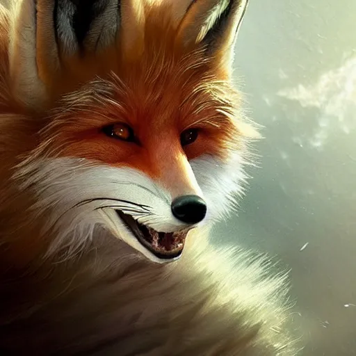 Prompt: close-up anthropomorphic fluffy fox, night, moonlight, mist, unreal engine, octane render, dramatic lighting, digital art, by Stanley Artgerm Lau, greg rutkowski, thomas kindkade, alphonse mucha, loish, norman Rockwell,