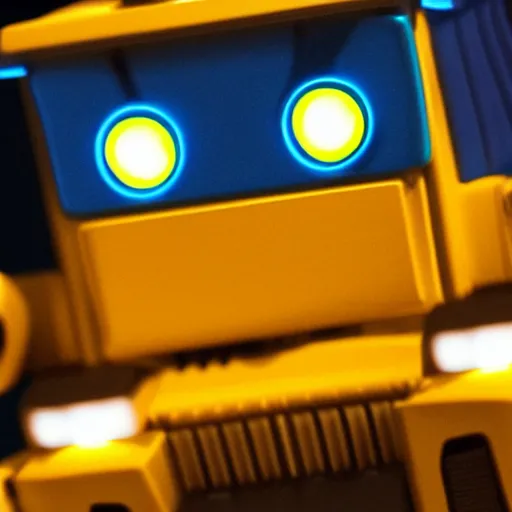 Image similar to wall - e, blue and yellow glowing lights, dark, highly detailed, close up