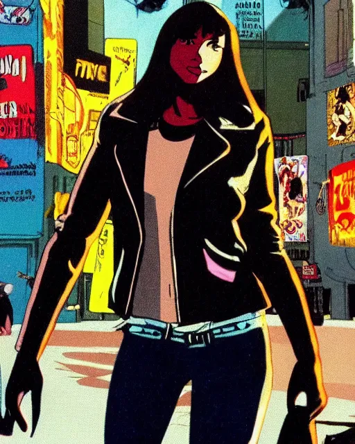 Image similar to portrait of an attractive young female protagonist wearing leather jacket, center focus, in city street, frank miller, ralph bakshi