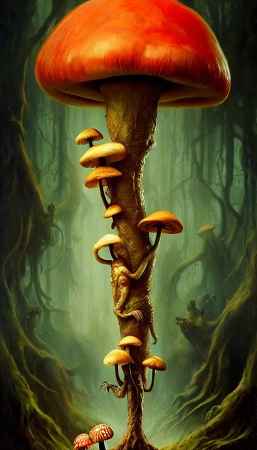 Image similar to exquisite imaginative imposing weird creature movie poster art humanoid hype realistic mushroom movie art by : : weta studio tom bagshaw james jean frank frazetta