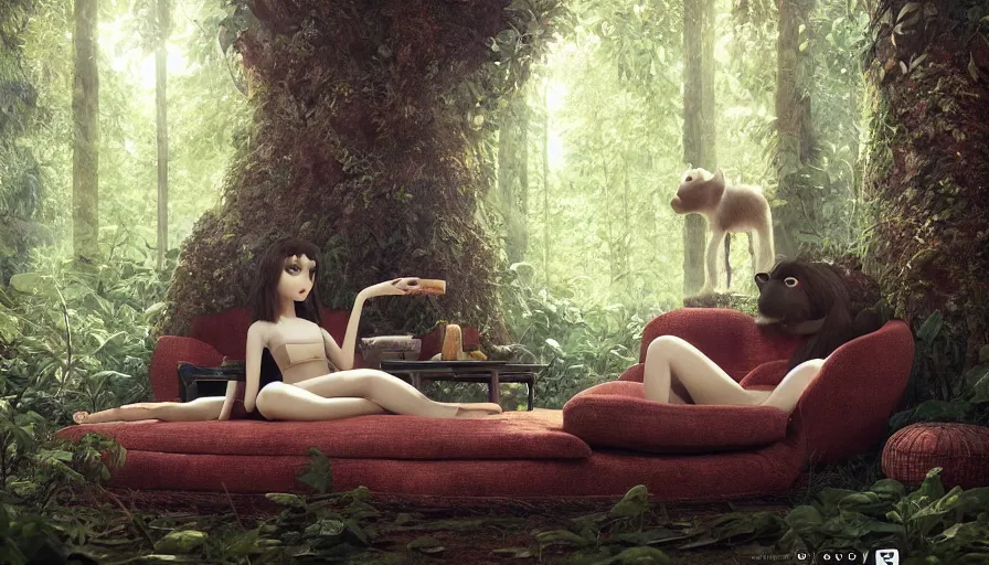 Prompt: lovely furry creature who made a sofa from avocado in the summer forest, by ilya kuvshinov, rtx rendering, octane render 1 2 8 k, maya, extreme high intricate details by tom bagshaw, medium shot, close up shot, composition by sana takeda, lighting by greg rutkowski