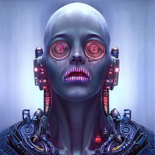 Image similar to a hyperrealistic 3 d render of a cyberpunk - necromancer by artgerm, beksinski and geiger. intricate details. believable eyes. head and shoulders. front on, symmetrical. epic fantasy art.