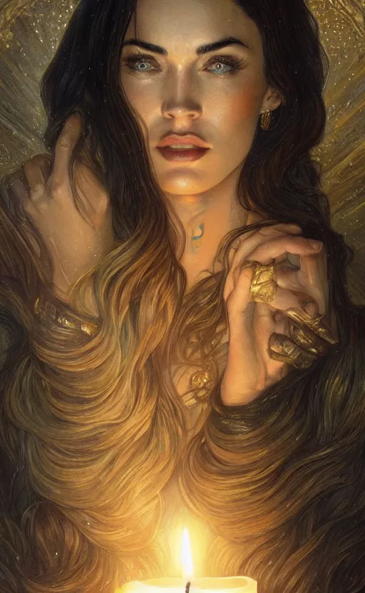 Image similar to masterpiece of megan fox with beautiful hands close to a candle in dark room, cinematic, powerful, moon beams dramatic light, highly, intricate gold elements, hollow souls, detailed, digital painting, artstation, concept art, sharp focus, illustration, art by artgerm and greg rutkowski and alphonse mucha