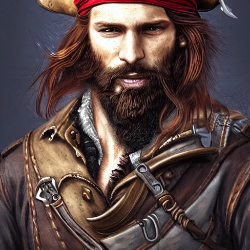 Image similar to portrait of a rugged steampunk pirate, 3 0 years old, male, handsome, masculine, red hair, long hair, long beard, soft hair, fantasy, intricate, elegant, highly detailed, steampunk, airship, digital painting, artstation, concept art, character art, smooth, sharp focus, illustration, art by artgerm and greg rutkowski and alphonse mucha