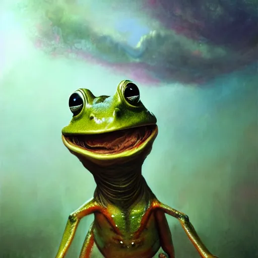 Image similar to long shot of an frog alien, by esao andrews, by m. w. kaluta, by james web telescope, ultra humorous beautiful oil painting, cinematic space scenery, small depth of field, depth perception, volumetric light, rich colors, 3 d octane render, 8 k, conceptart, hyperdetailed, hyperrealistic, trending on artstation