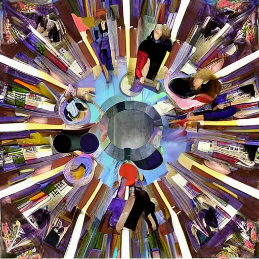 Prompt: funereal, sinister collage, digital art by moshe safdie. a beautiful kinetic sculpture of a group of people standing around a circular table. in the center of the table is a large, open book. the people in the kinetic sculpture are looking at the book with interest & appear to be discussing its contents.