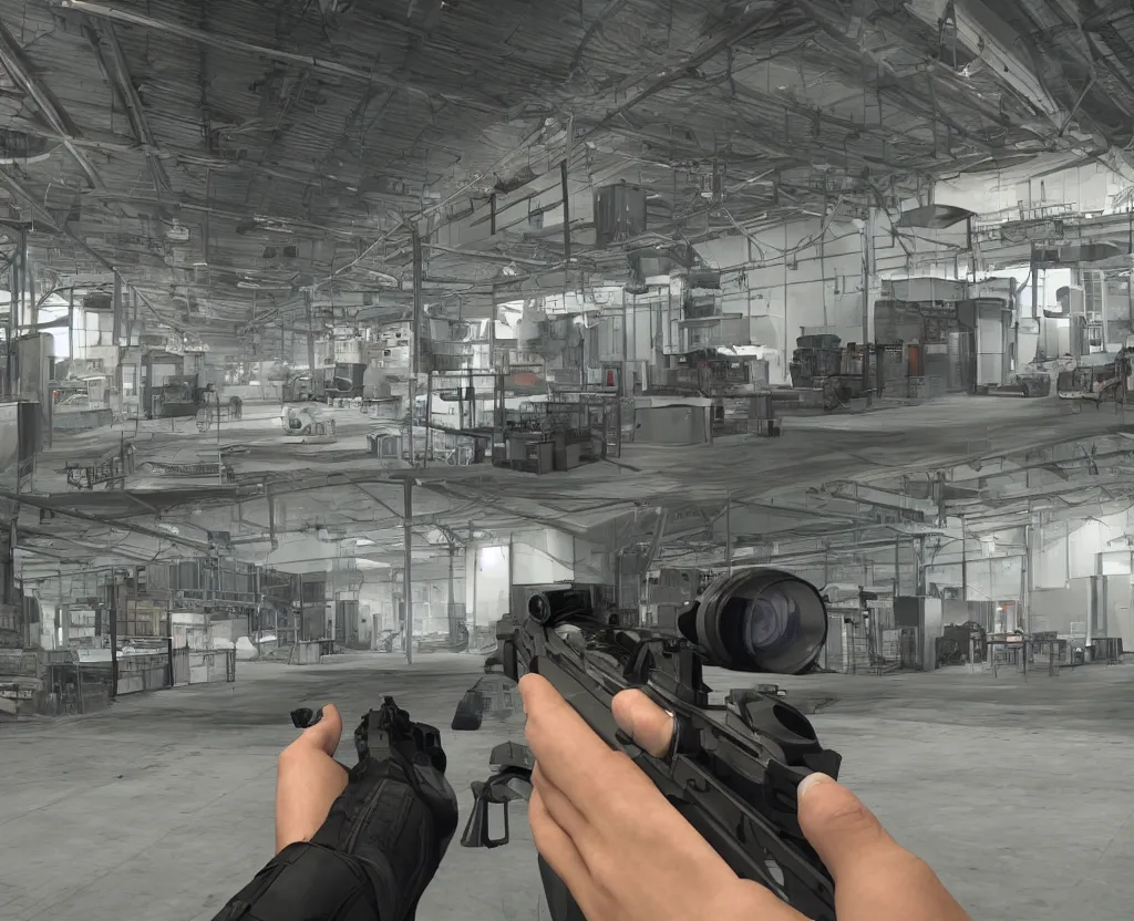 Prompt: first person shooter point of view of a factory