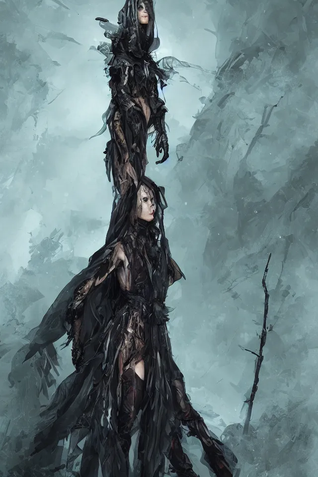 Image similar to character design, beautiful witch-woman in tactical camouflage poncho designed by alexander mcqueen and acronym, rim light, high key, ultra detailed, painting, concept art, hyperdetailed