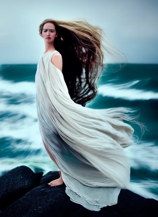 Image similar to cinestill 5 0 d portrait photo of a beautiful woman, britt marling 3 / 4, delicate, subsurface scattering, long hair floating in air in style of gilles zimmermann, 1 5 0 mm, windy mood, dress in voile, mute dramatic colours, soft blur outdoor stormy sea background, volumetric lighting, hyper detailed, hyper realistic