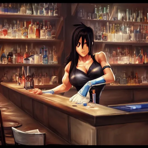 Image similar to high quality concept art of tifa lockhart working in her bar, detailed, trending on artstation