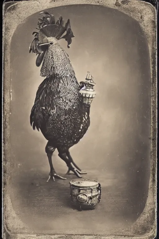 Image similar to a wet plate photo of an anthropomorphic rooster with a lute