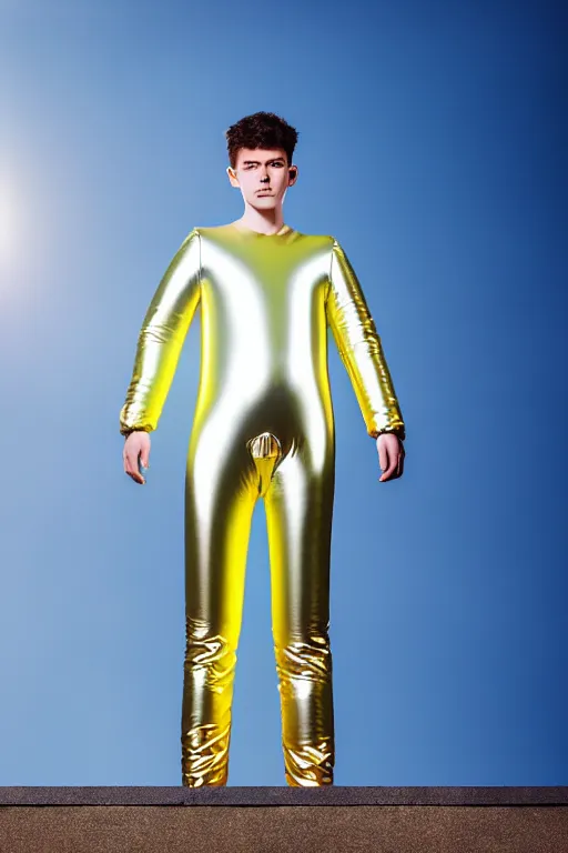 Prompt: un ultra high definition studio quality photographic art portrait of a young man standing on the rooftop of a british apartment building wearing soft baggy inflatable padded iridescent pearlescent suit. three point light. extremely detailed. golden ratio, ray tracing, volumetric light, shallow depth of field. set dressed.