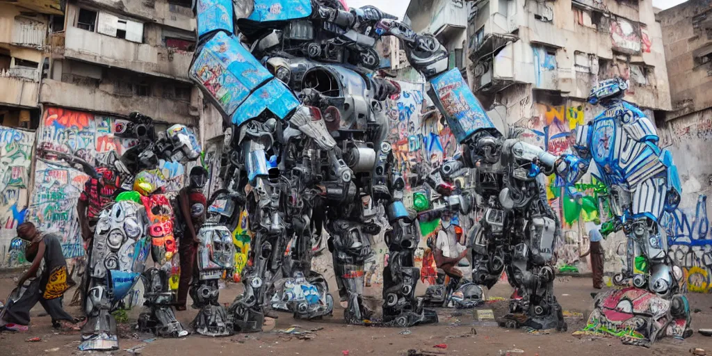 Prompt: giant mecha ROBOT of AJEGUNLE SLUMS of Lagos, graffiti on robots,