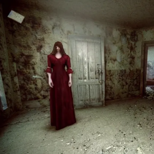 Prompt: a beautiful and eerie picture of two women wearing nightdresses in an abandoned mansion in silent hill