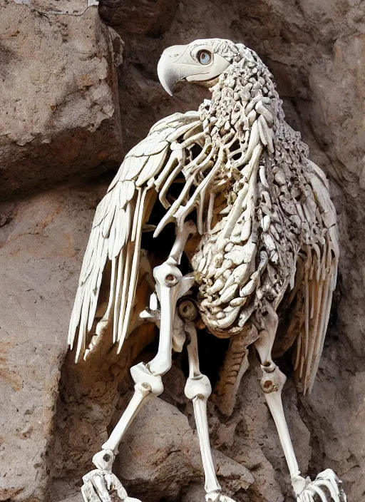 Image similar to a vulture skeleton sculpted on carved rock by bernini