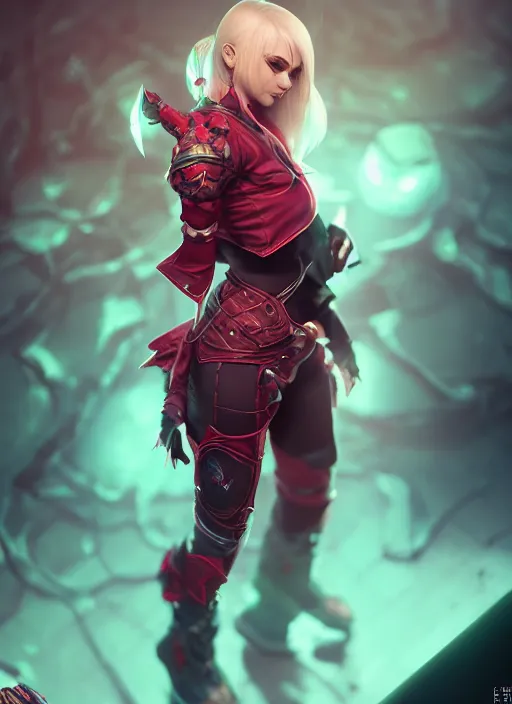 Image similar to vi from arcane, artstation, octane render, by wlop, fortiche, league of legends, fighter, cool red jacket, tattoo, beautiful, 3 d, potrait, art staion, studio light, closeup shot