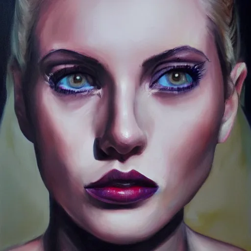 Image similar to hyperrealism oil painting, fashion model portrait, rose eye sockets