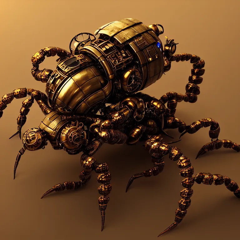 Image similar to steampunk robot scorpion, 3 d model, unreal engine realistic render, 8 k, micro detail, intricate, elegant, highly detailed, centered, digital painting, artstation, smooth, sharp focus, illustration, wlop