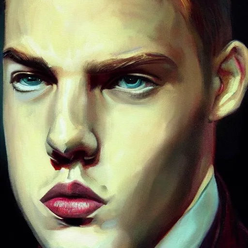 Image similar to A beautiful painting of a young man, blonde, wearing a suit, oil painting, green eyes, gloomy lighting, hyper detailed, trending on artstation