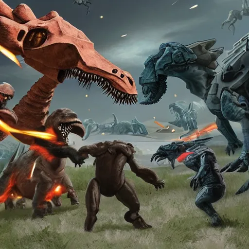 Prompt: mechs fighting dinosaurs