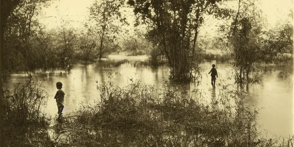 Prompt: A boy walking alongside a channel of water in a dense swamp, photograph taken in 1890, grainy, film grain