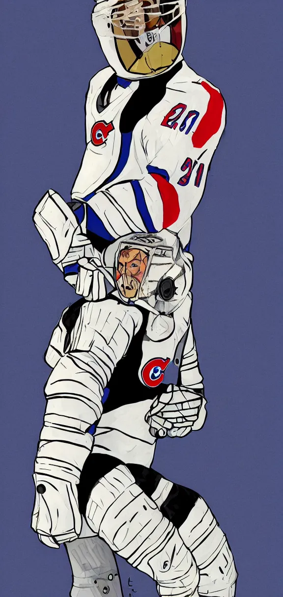 Image similar to male, full body, habs ice hockey space suit with a modern helmet, large shoulders, short torso, long thin legs, tiny ice skate, stanley cup character sheet, science fiction, very stylized character design, digital painting, by mike mignola, by alex maleev, jean giraud, painted by leyendecker