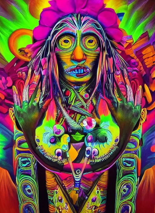 Prompt: “A surreal neon painting of a shaman, made of flowers, futuristic picasso by hr giger and Vladimir kush and dali and kandinsky, 3d, realistic shading, complimentary colors, vivid neon colors, aesthetically pleasing composition, masterpiece, 4k, 8k, ultra realistic, super realistic”